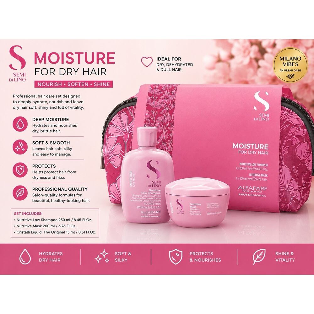 Alfaparf Semi Di Lino Moisture Dry Hair Set Shampoo Mask Cosmetic Bag